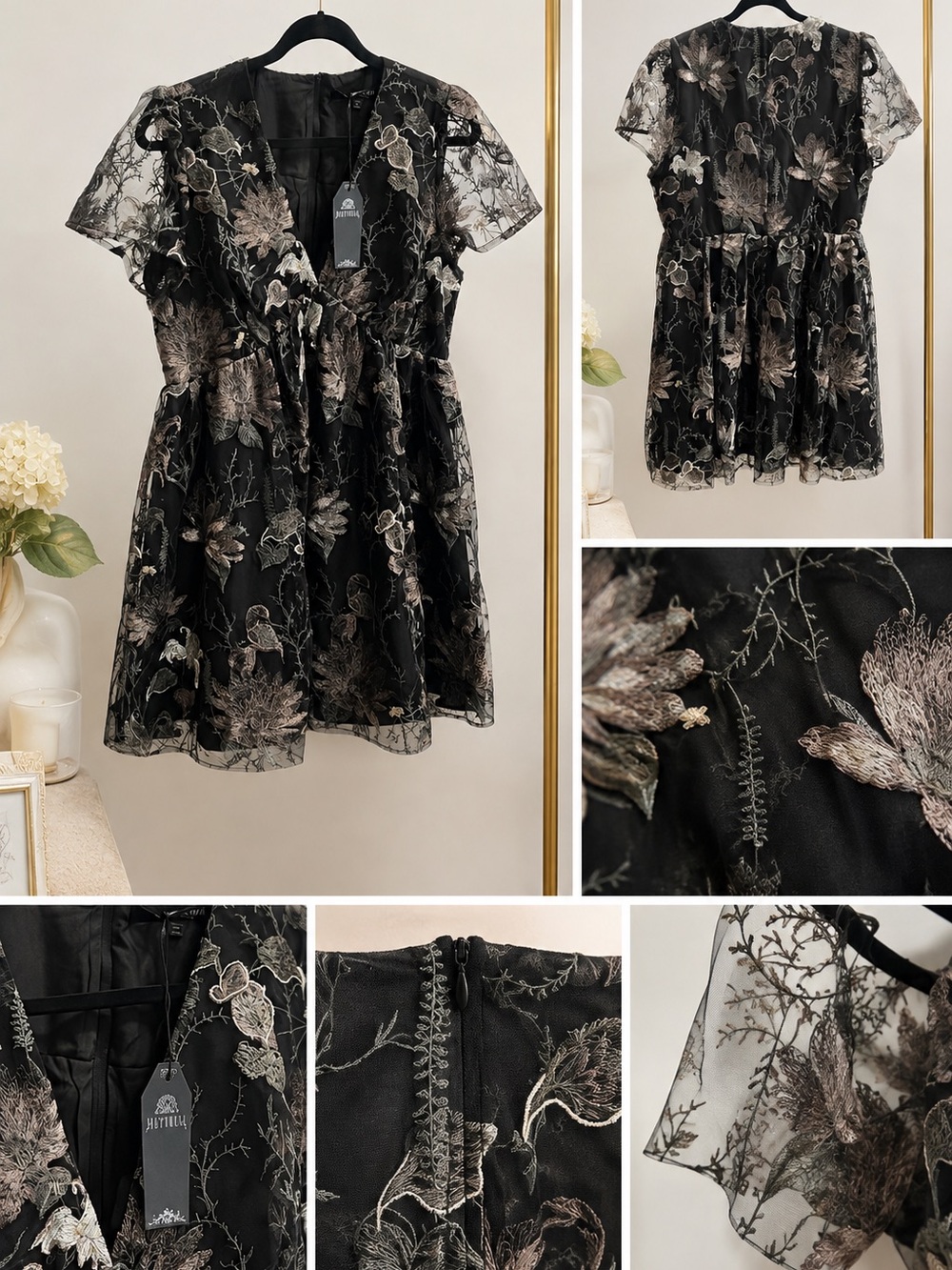 Disturbia Black Dress with Metallic Floral Embroidery